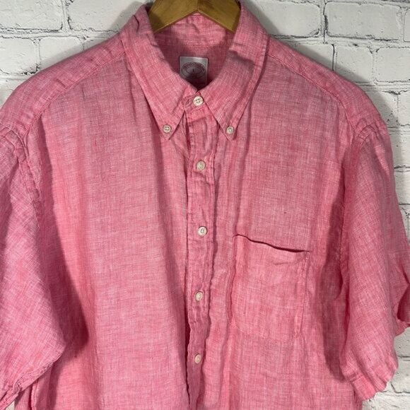 Brooks Brothers Pink Linen Short Sleeve Shirt size L Large The Original Polo - Picture 2 of 8